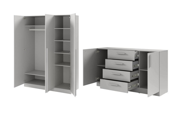 Geöffnetes Set aus Kleiderschrank und Sideboard in Grau für das Schlafzimmer.