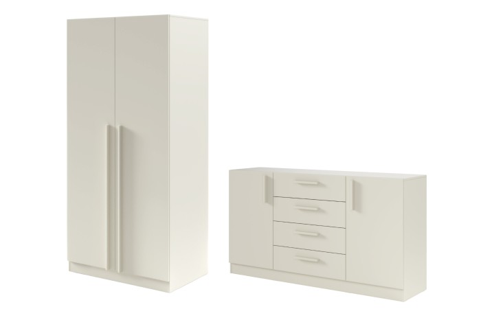 Minimalistischer Brisso Kleiderschrank und Kommode in der Farbe Kaschmir auf weißem Hintergrund.