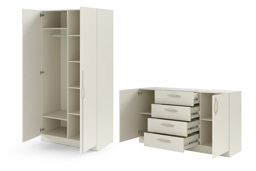 Interior view of open beige wardrobe and chest of drawers with plenty of storage space.