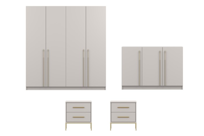 Beiges Möbelset mit 4-türigem Kleiderschrank, Sideboard und zwei Nachttischen.