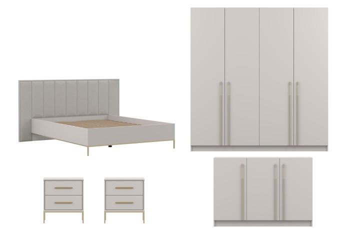 Elegantes Schlafzimmermöbel-Set in hellem Design mit goldenen Akzenten für das Schlafzimmer.