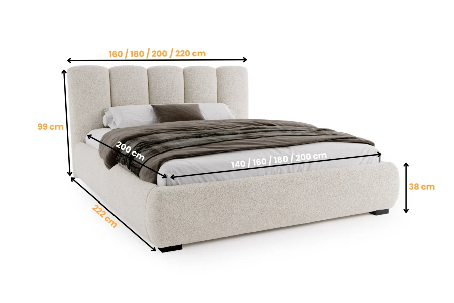 Afmetingen van het bouclé bed: afmetingen voor breedte, lengte en hoogte van het bedframe.