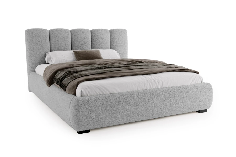 Light grey upholstered bed with high headboard on a white background