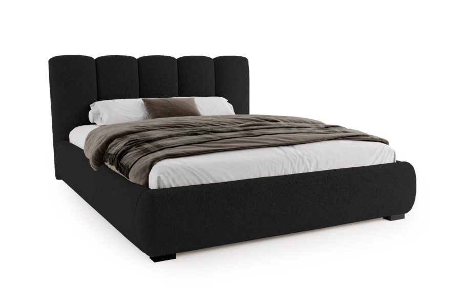 Elegantes Polsterbett in Schwarz aus Bouclé-Stoff vor weißem Hintergrund