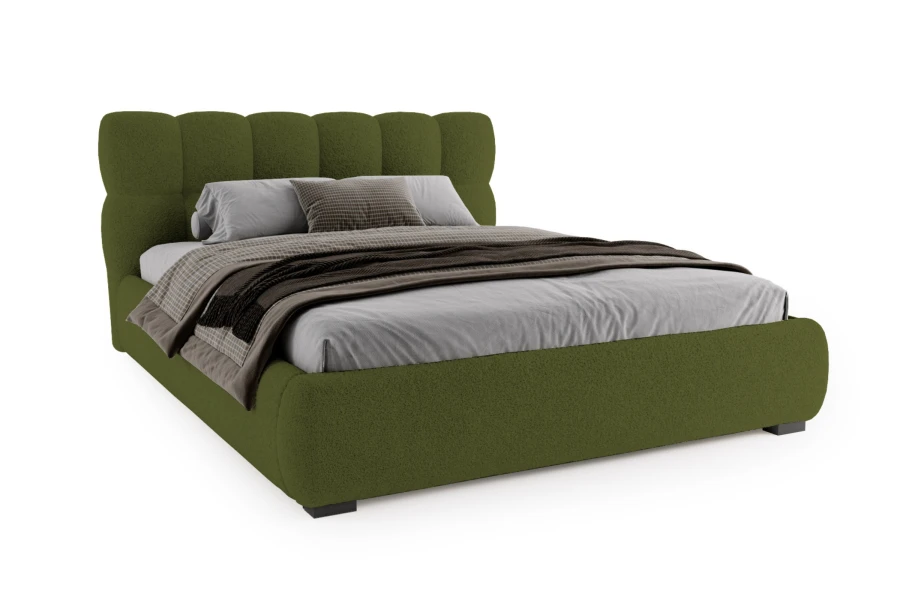 Modern upholstered bed in green with bouclé cover and quilted headboard