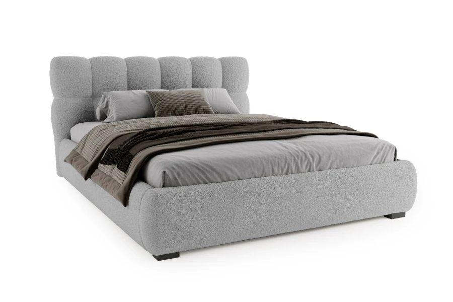 Elegant upholstered bed in light grey with soft bouclé fabric cover