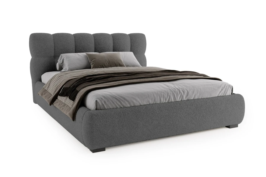 Anthracite upholstered bed with textured bouclé cover against a white background.