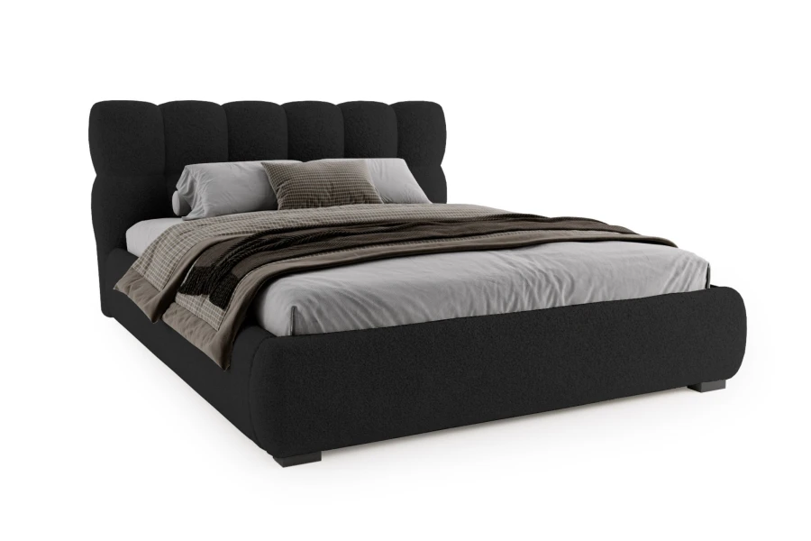 Modern upholstered bed in anthracite with quilted headboard on white background.