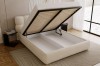 Cream-white upholstered bed with open storage box for additional storage space in the bedroom.