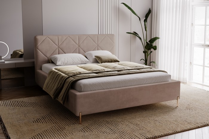 Elegantes Designerbett in Beige für ein modernes Schlafzimmer-Ambiente.