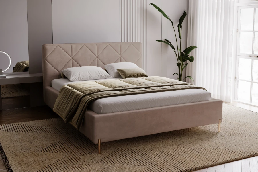 Elegant designerbed in beige voor een moderne slaapkamerambiance.