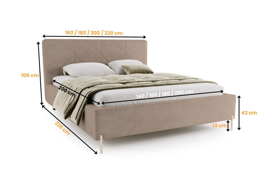 Detaillierte Maßangaben und Abmessungen für das beige Polsterbett.