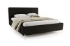 Stijlvol zwart gestoffeerd bed met gecapitonneerd hoofdbord op een witte achtergrond.