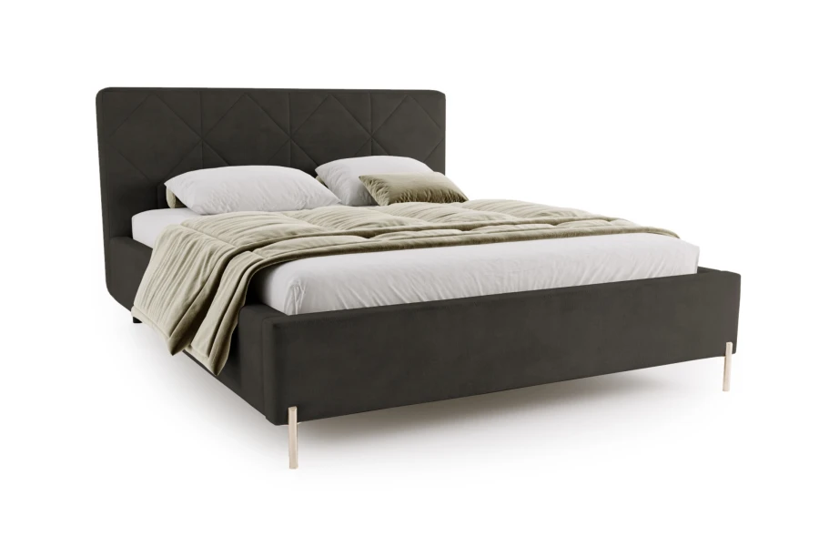 Dark grey upholstered bed with diamond quilting on the headboard and modern legs against a white background.