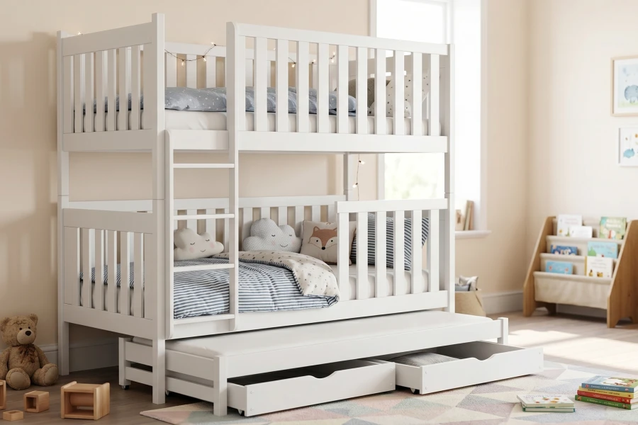 Weißes Kinderstockbett mit Leiter, ausziehbarem Gästebett und zwei Schubfächern.