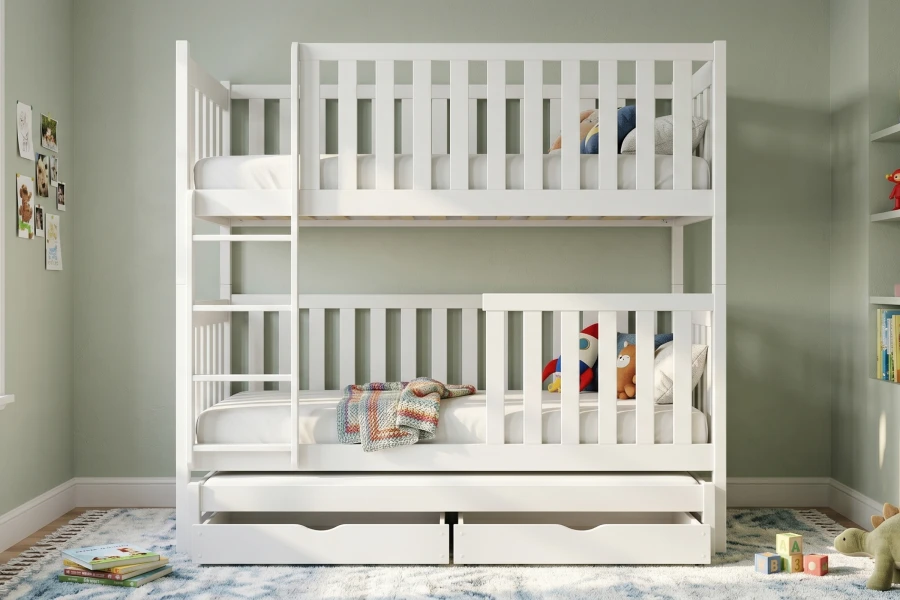 Modernes weißes Etagenbett mit drittem Ausziehbett und Stauraum im Kinderzimmer.
