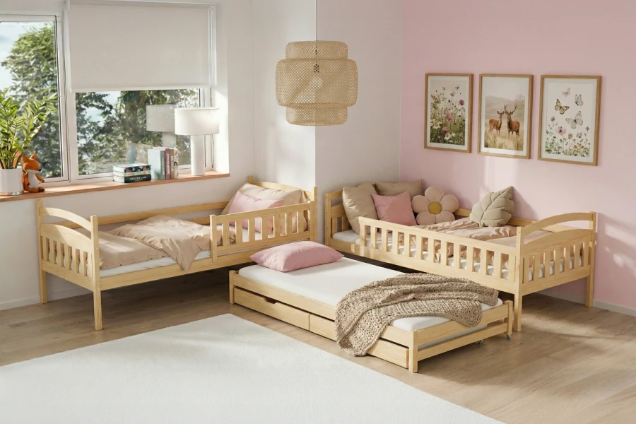 Children's room set with two wooden beds and a pull-out guest bed in a modern design.