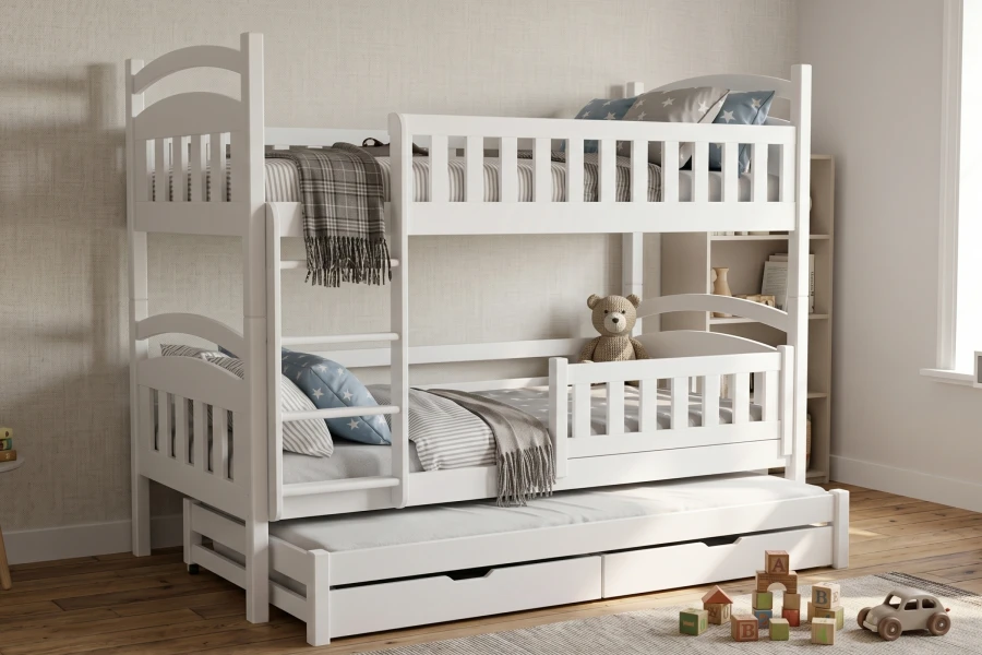 White bunk bed for three children with pull-out guest bed and practical drawers.