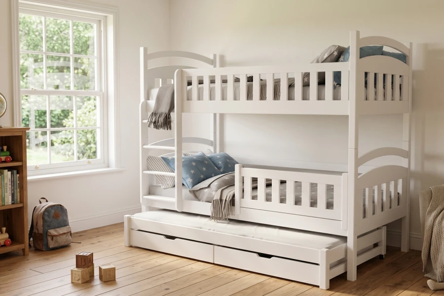 White triple bunk bed with pull-out guest bed and two drawers in the room.