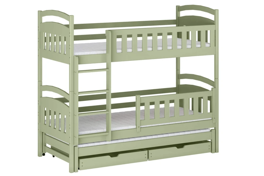 Salbeigrünes Stockbett mit integriertem Gästebett und Stauraumschubladen auf weißem Hintergrund.