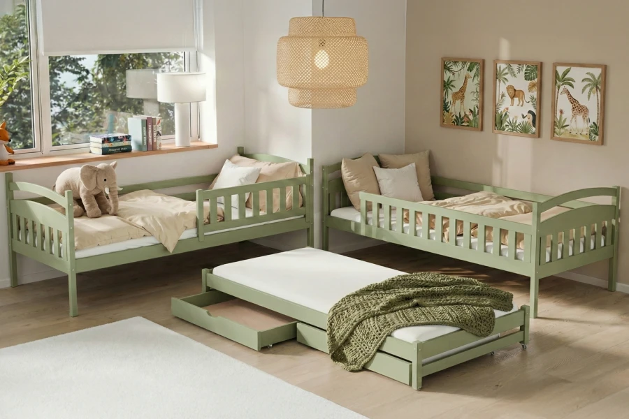 Ombouwbare kinderbedset in saliegroen: Twee eenpersoonsbedden en een uitschuifbaar derde bed.