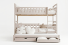 Beige bunk bed with three sleeping spaces and decorative cloud-shaped pillows.