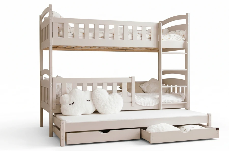 Stabiles beige Etagenbett mit Leiter und zusätzlichem Gästebett zum Ausziehen.