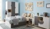 Complete youth room interior with bed, nightstand and chest of drawers in grey-white.
