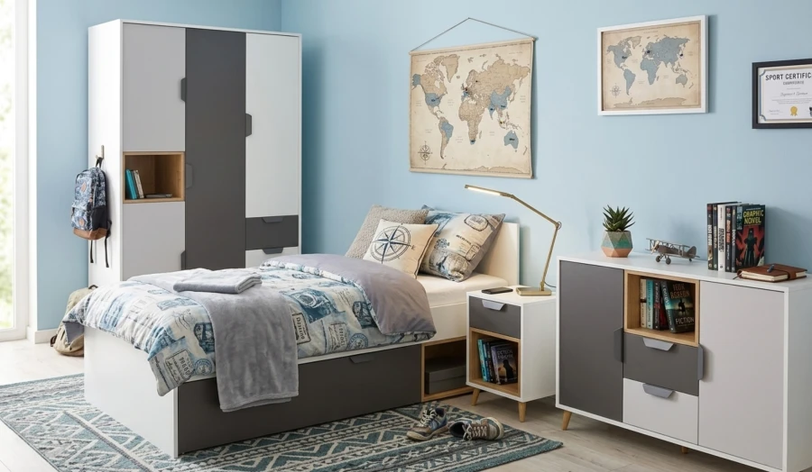 Komplette Jugendzimmereinrichtung mit Bett, Nachttisch und Kommode in Grau-Weiß.
