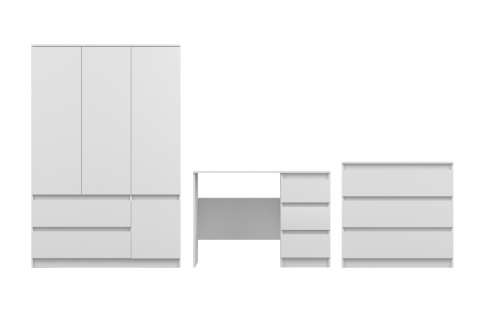 Set aus weißem Kleiderschrank, Schreibtisch und Kommode in modernem, schlichtem Design.