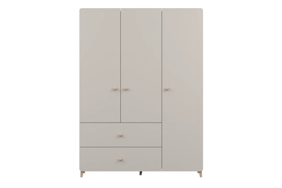 Moderner beiger Kleiderschrank mit 3 Türen und 2 Schubladen, skandinavisches Design.