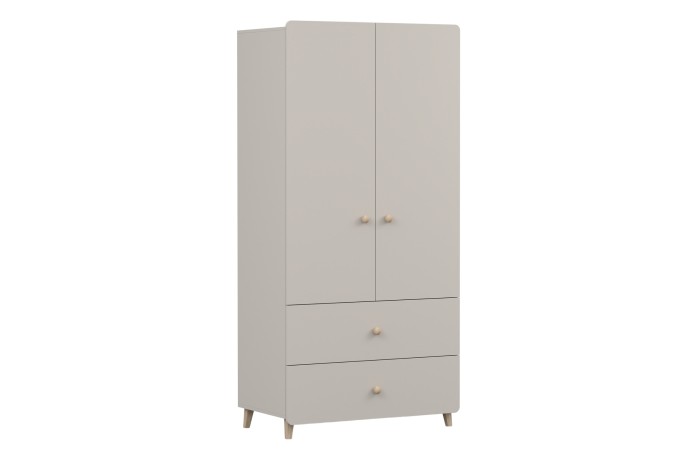 Moderner Kleiderschrank in Beige mit 2 Türen, 2 Schubladen und Holzfüßen, perspektivische Ansicht.