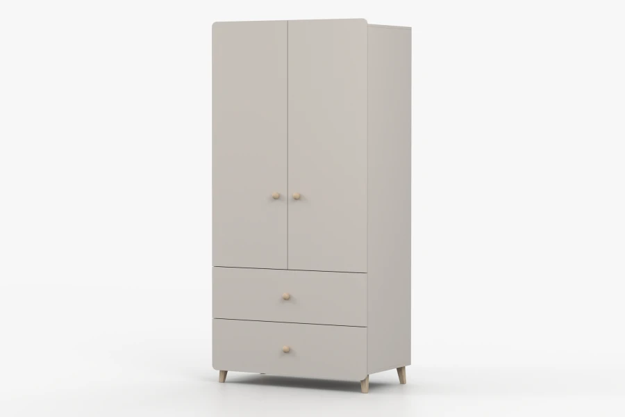 Zweitüriger Kleiderschrank in Beige mit Holzknöpfen und Schubladen, Seitenansicht von rechts.