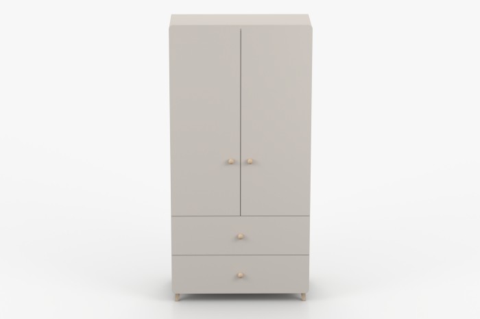 Frontalansicht beige Kleiderschrank mit zwei Türen und zwei Schubladen im skandinavischen Stil.