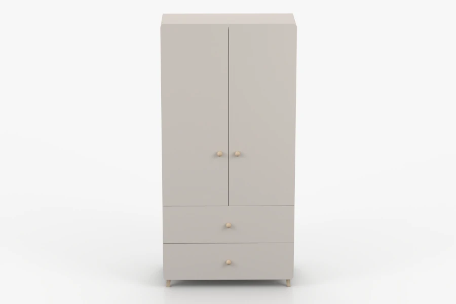 Frontalansicht beige Kleiderschrank mit zwei Türen und zwei Schubladen im skandinavischen Stil.