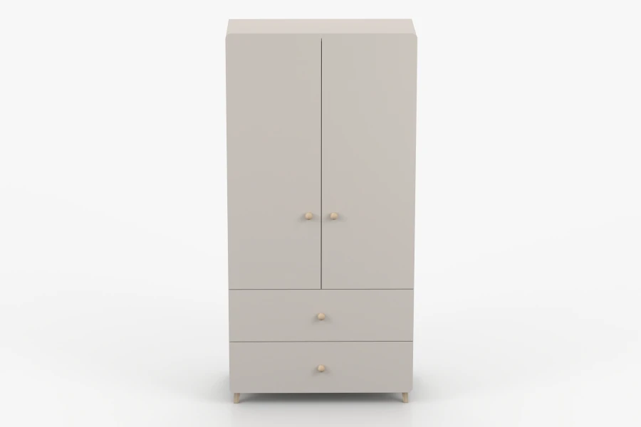 Vooraanzicht beige kledingkast met twee deuren en twee laden in Scandinavische stijl.