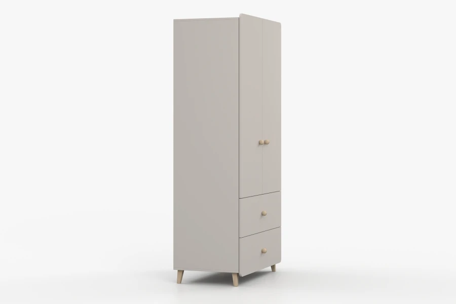 Profilansicht eines beige Kleiderschranks mit zwei Schubladen und runden Holzgriffen.