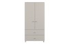 Beiger Kleiderschrank mit zwei Türen, zwei Schubladen und minimalistischen Holzgriffen.