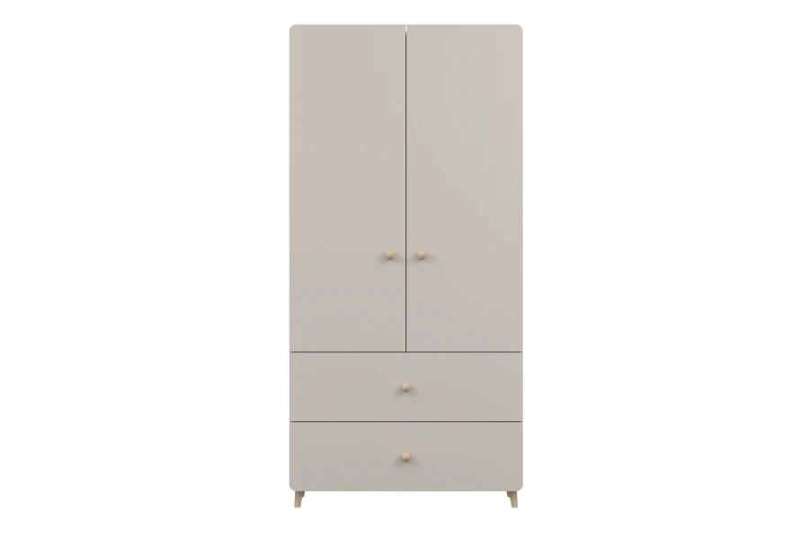 Beiger Kleiderschrank mit zwei Türen, zwei Schubladen und minimalistischen Holzgriffen.