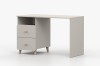 Simple desk for children in beige with storage space and wooden handles.
