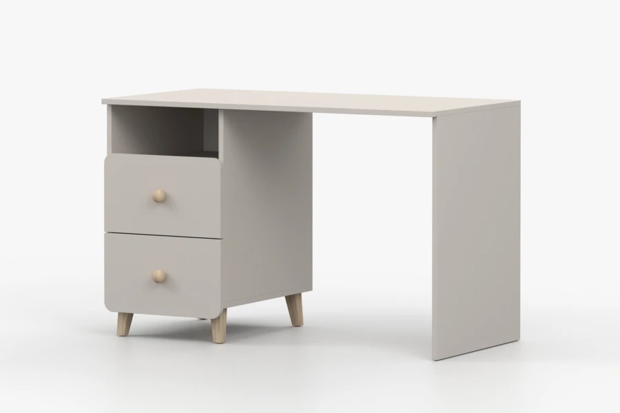 Schlichter Schreibtisch für Kinder in Beige mit Stauraum und Holzgriffen.