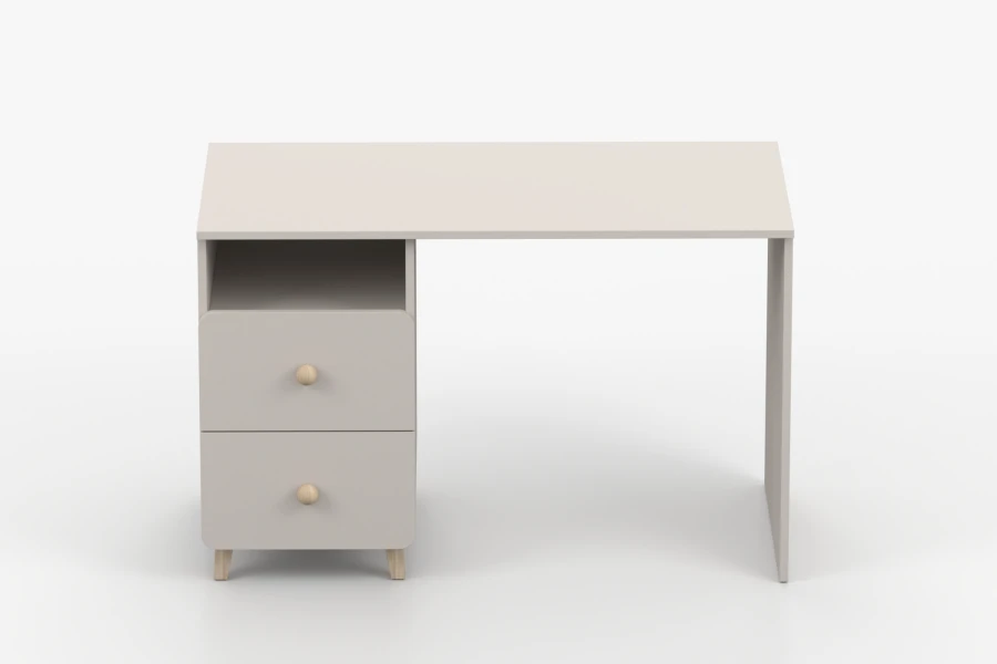 Front view of a beige desk with two drawers for the children's room.