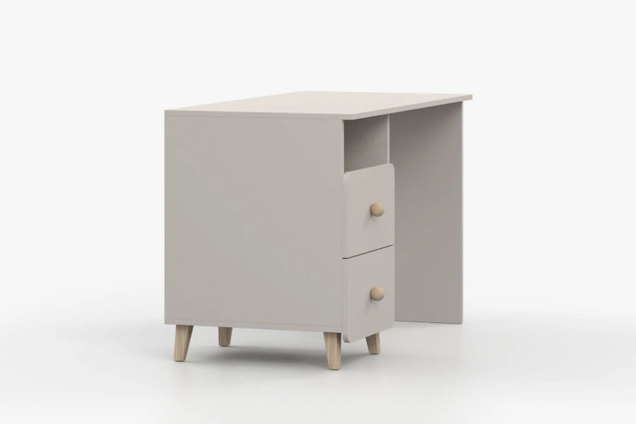 Modern grey desk with two drawers and wooden handles in side view.