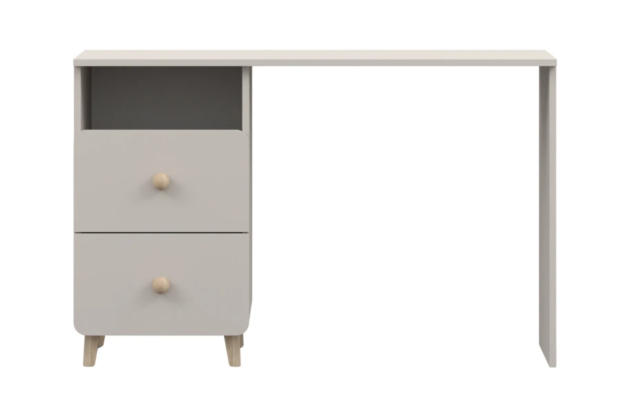 Vooraanzicht van een grijs bureau met twee laden en houten poten.