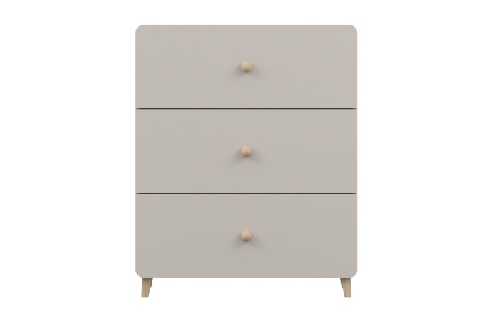 Graue Kommode mit drei Schubladen und Holzgriffen im skandinavischen Design.