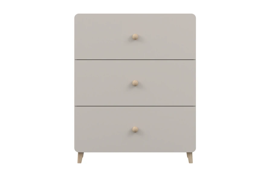 Grey chest of drawers with three drawers and wooden handles in Scandinavian design.