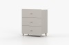 Moderne 3-Schubladen-Kommode in Beige mit hellen Holzfüßen vor weißem Hintergrund.