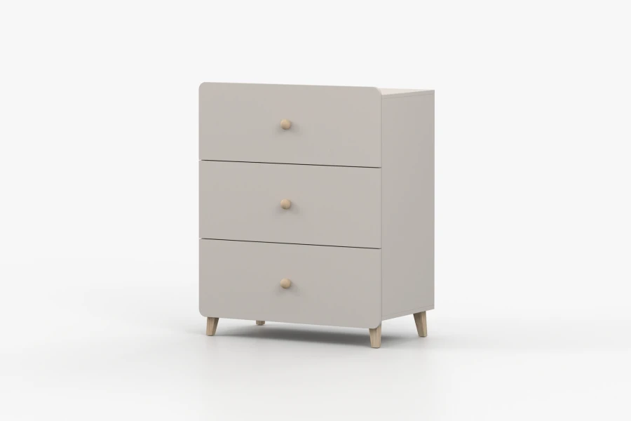 Moderne 3-Schubladen-Kommode in Beige mit hellen Holzfüßen vor weißem Hintergrund.