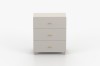 Modern light grey children's room chest of drawers with 3 drawers and round wooden handles, front view.