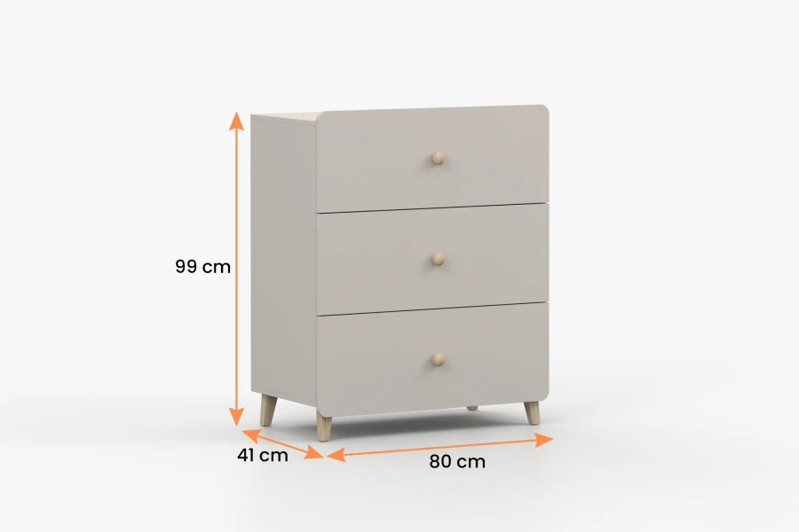 Maße der Kinderzimmer-Kommode: 80 cm Breite, 99 cm Höhe und 41 cm Tiefe im Überblick.